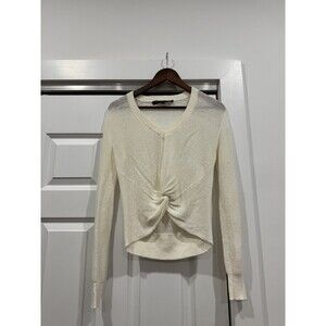 Veronica Beard Jeans Women S Beige Linen Soren V-Neck Twisted Hem Sweater Preppy